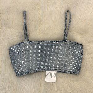 Zara denim jeweled crop top size small